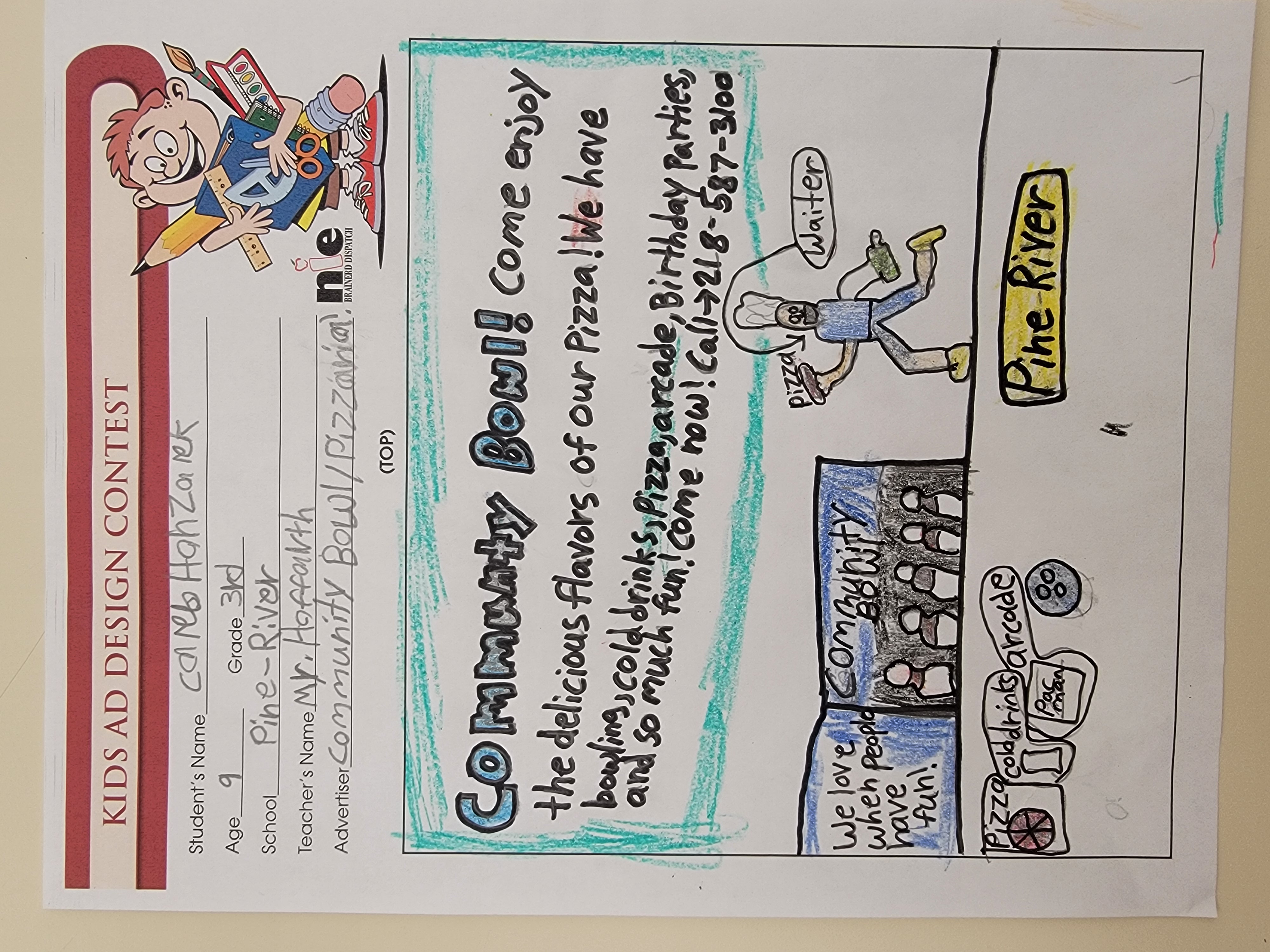 Kids Ad Design Contest - Mr. Hoffarth's 3rd Grade Class - Community Bowl Pizzeria - Vimarsana News